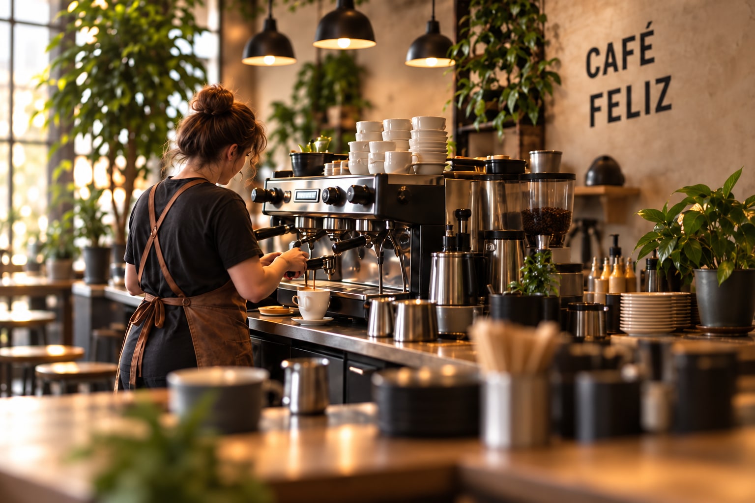 Barista working at an espresso machine