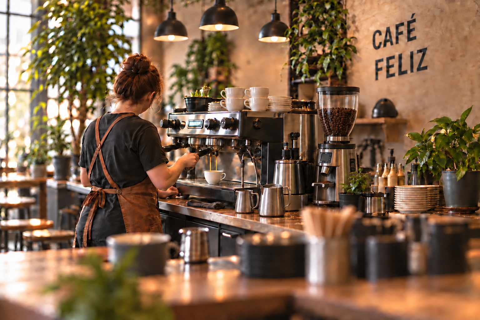 Barista seen from behind at the Café Feliz espresso bar